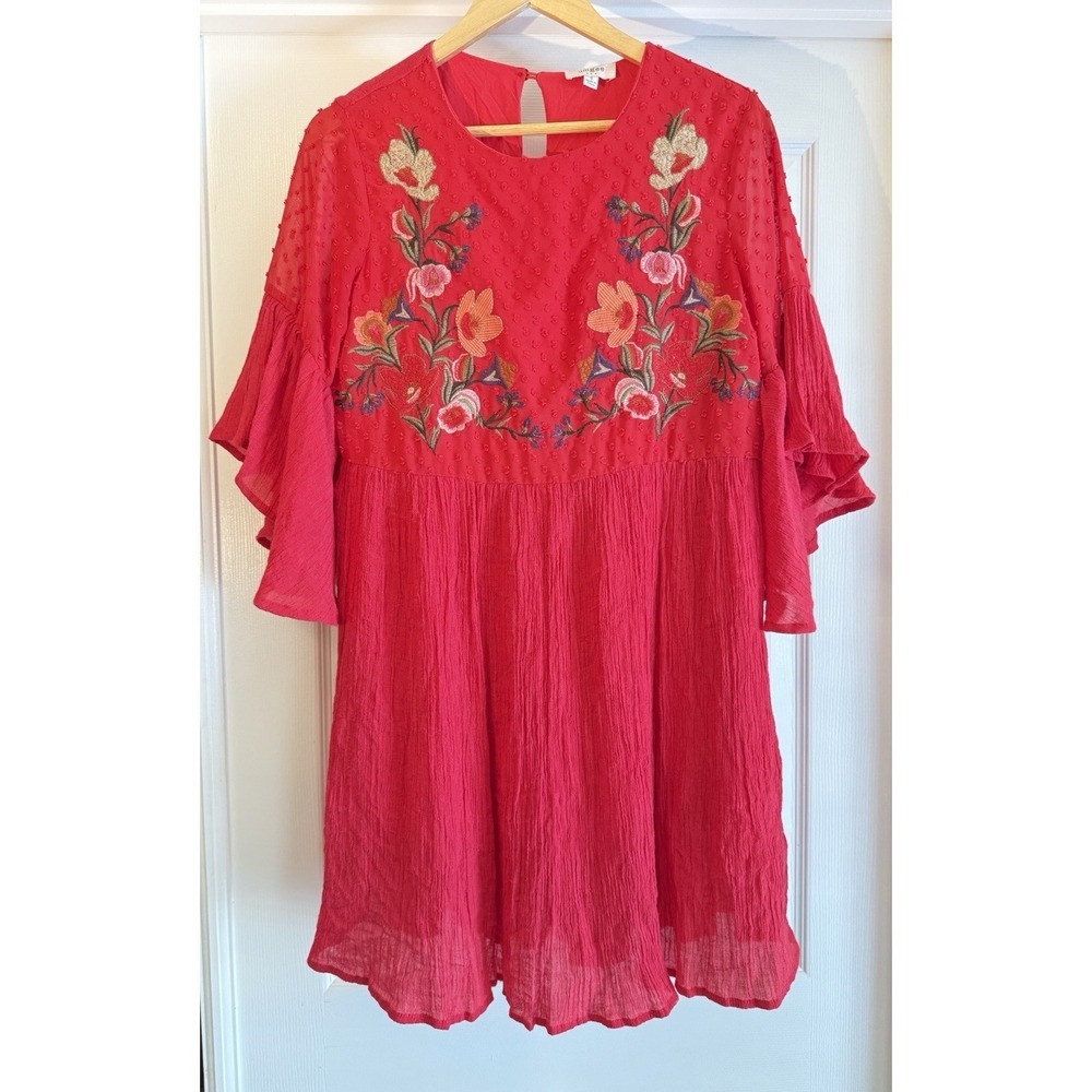 Umgee Babydoll Dress Womens Small Red Floral Embroidered Swiss Dot Bell Sleeve